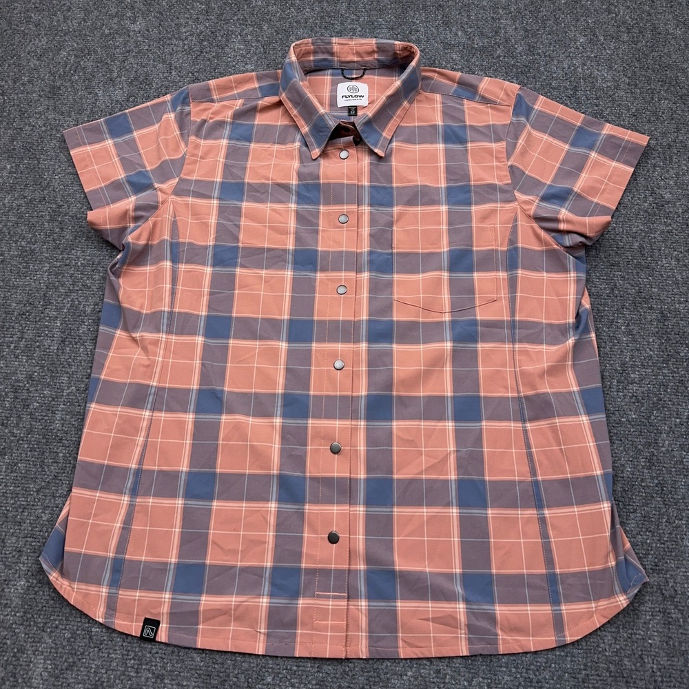 Flylow Phoenix Shirt Women XL Blush Plaid Short Sleeve Snap Front Hiking Wicking